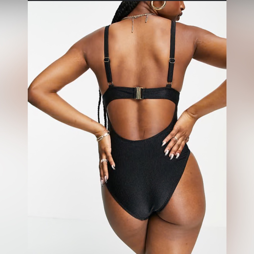 Black Textured Bodysuit with Cutout and Glossy Finish
